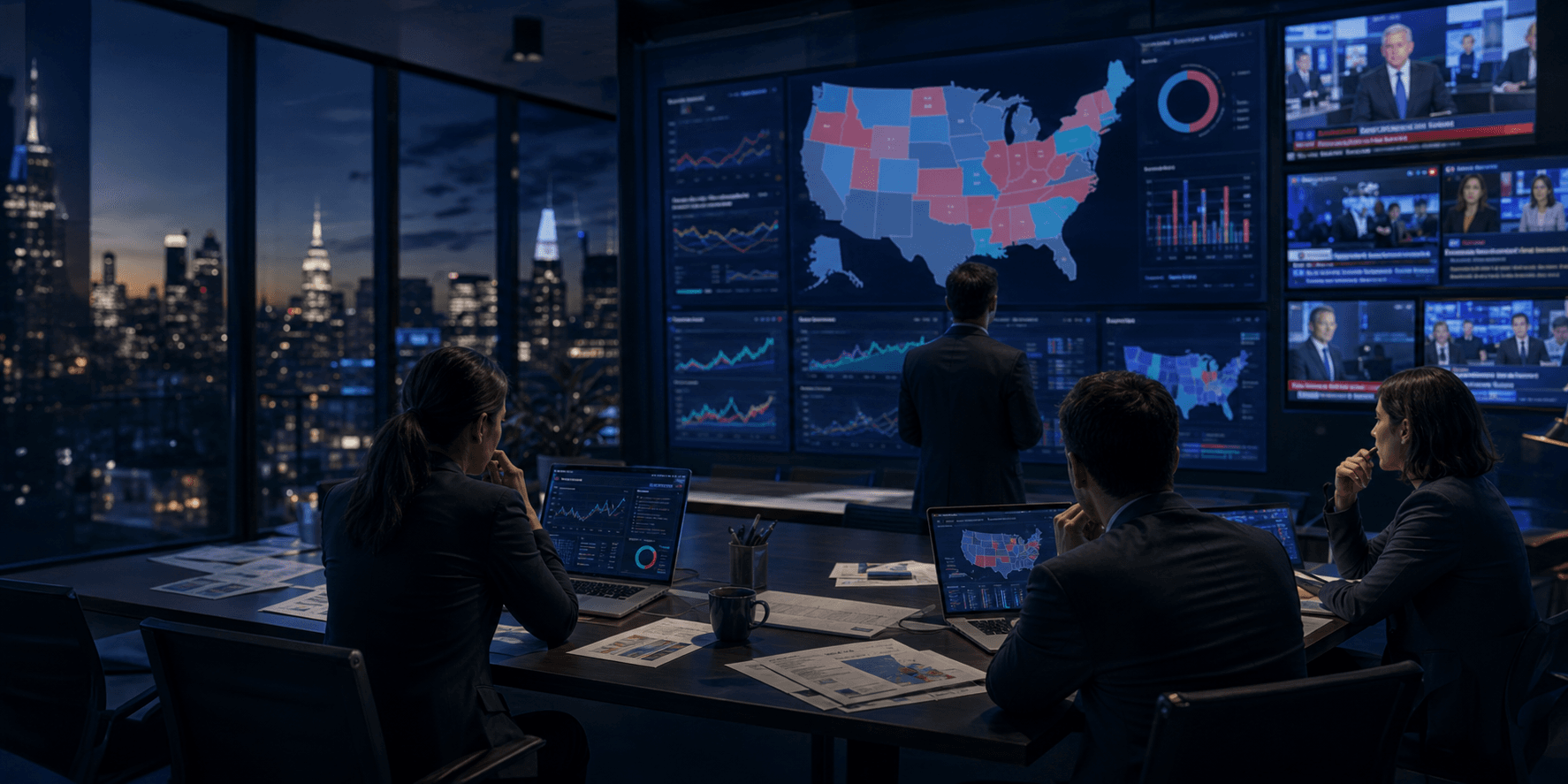 Election newsroom and analytics monitors